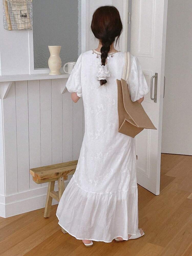 Women's Crew Neck Splicing Textured Puff Sleeve Mid-Calf Dress Summer Women Dresses Maxi Dress