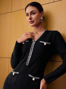 MOTF PREMIUM 对比色斜裁毛衣裙 - 黑色 - 查看 7