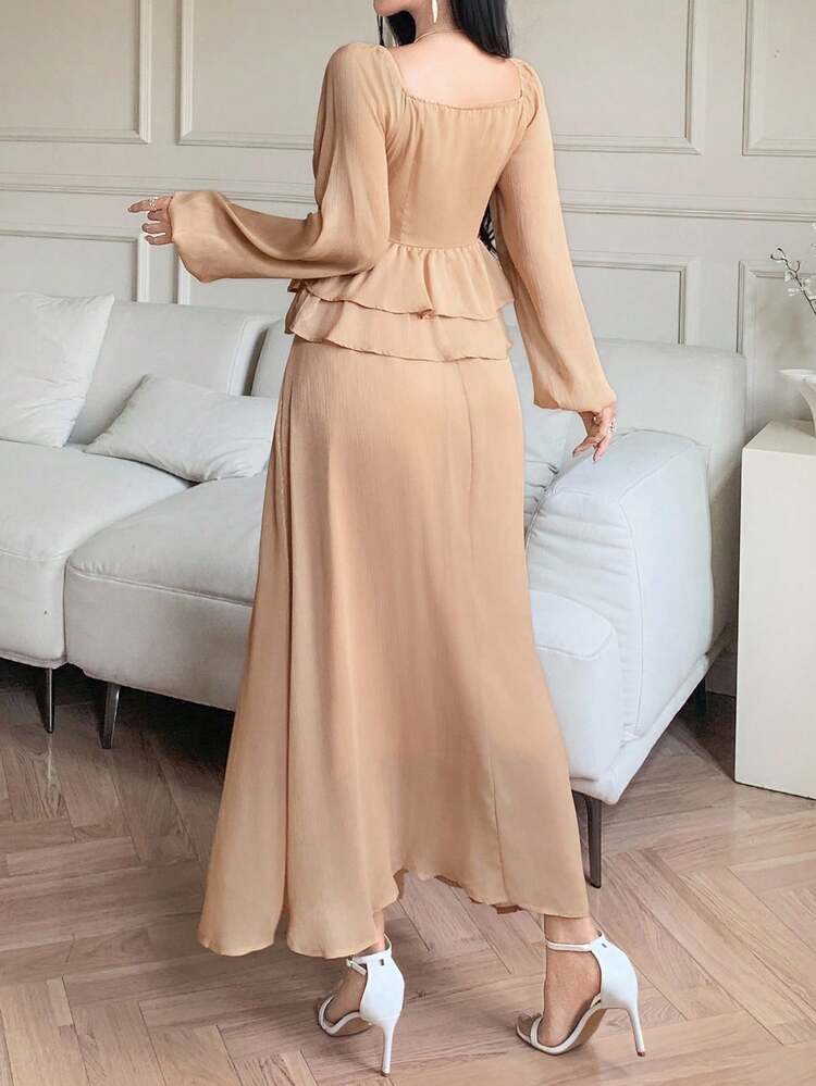 2pcs Women Solid Color Boat Neck Lantern Sleeve Tie-Up Blouse And Skirt Set,Fall Women Clothes Modest Fashion