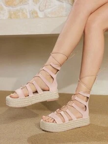 Styleloop 女士坡跟厚底编织凉鞋，波西米亚风格度假装，厚底鞋 - 粉色 - 查看 6