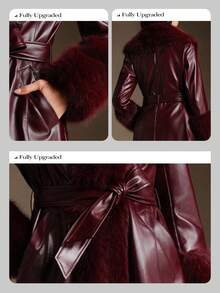 Anewsta Burgundy Shiny Leather Fitted Long Coat With Detachable Fur Collar, Fashion New Style For Autumn/Winter - Burgundy - View 3