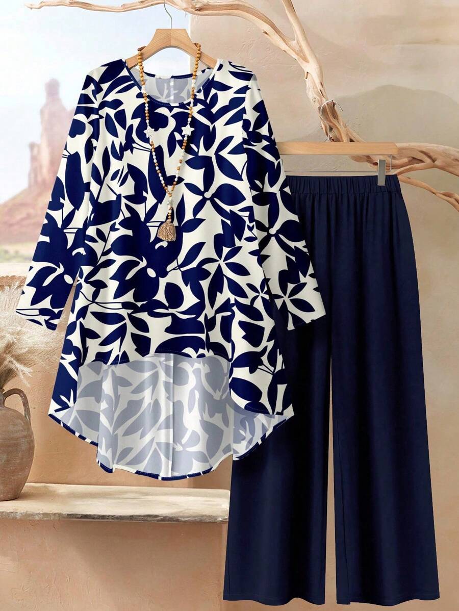 Rusticease 2pcs Women Floral & Leaf Print Pattern Loose Fit Round Neck Long Sleeve Top And Pants Set, Summer Outfits Autumn And Winter - Multicolor - View 1