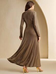 Anewsta New Fashion Rhinestone Pleated Cross Collar Long Sleeve Slim Fit Formal Dress, Suitable For Fall, Spring, Going Out, Elegant, Formal, Party, Chic, New Year, Valentine - Coffee - View 7