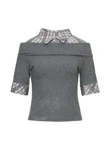 DAZY Chemise à manches courtes style de rue ajustée, épaules dénudées, couleurs contrastées à carreaux pour femmes, printemps/été/automne - Gris - Voir 6