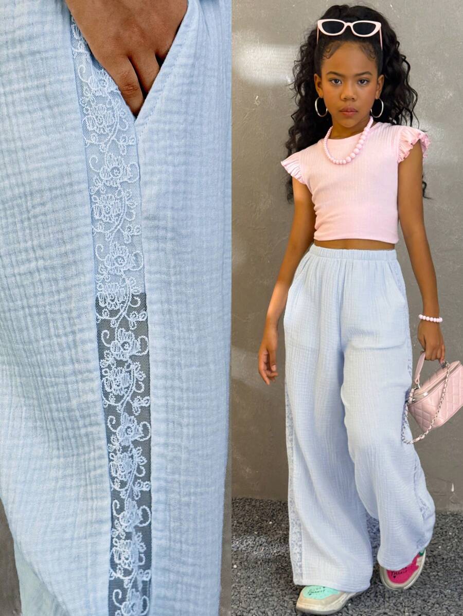 Coolane Kids 青少年女孩春夏休闲蕾丝拼接阔腿裤 - 藍色 - 查看 1