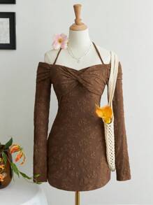 SHEIN Unity Women's Vintage Textured Knit Off Shoulder Long Sleeve A-Line Mini Dress Brown Dress Brown Floral Dress Vintage Dress Fall Cloth For Women - Coffee Brown - View 1