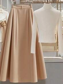 Franclia 2 件套女士白色针织上衣和卡其色修身短裙，春秋 - 彩色 - 查看 2