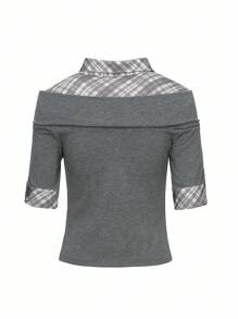 DAZY Chemise à manches courtes style de rue ajustée, épaules dénudées, couleurs contrastées à carreaux pour femmes, printemps/été/automne - Gris - Voir 7