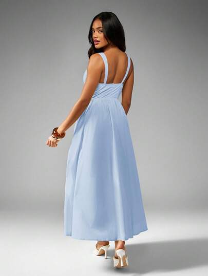 MISSGUIDED Summer Cotton Poplin Corset Midaxi Dress With Side Slit Empire Waist Sweetheart Neckline Spaghetti Straps Pleated Skirt Wedding Guest
