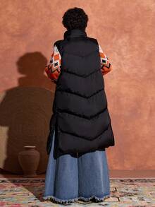 EURMUSE Chaleco acolchado largo, cuello alto, cierre con botones a presión, bolsillos laterales, diseño acolchado, cálido y ligero, chaleco de invierno casual para mujer - Negro - Ver 2