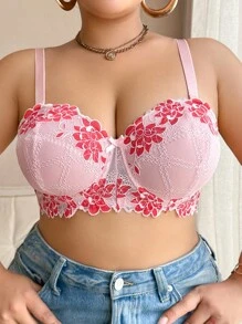 SHEIN 1 pieza Sujetador balconette elegante de encaje con aros para tallas grandes, con tirantes desmontables, sujetador de encaje con flores, que levanta - Rosa - Ver 8