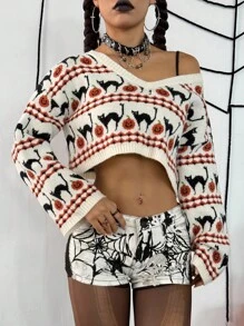 Flirla 万圣节休闲V领短款毛衣 - 彩色 - 查看 6