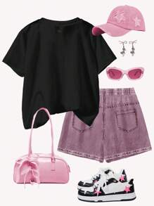 SHEIN 休闲街头心形和脸部涂鸦印花，青少年女孩简约短袖短裤两件套，适合夏季 - 彩色 - 查看 2