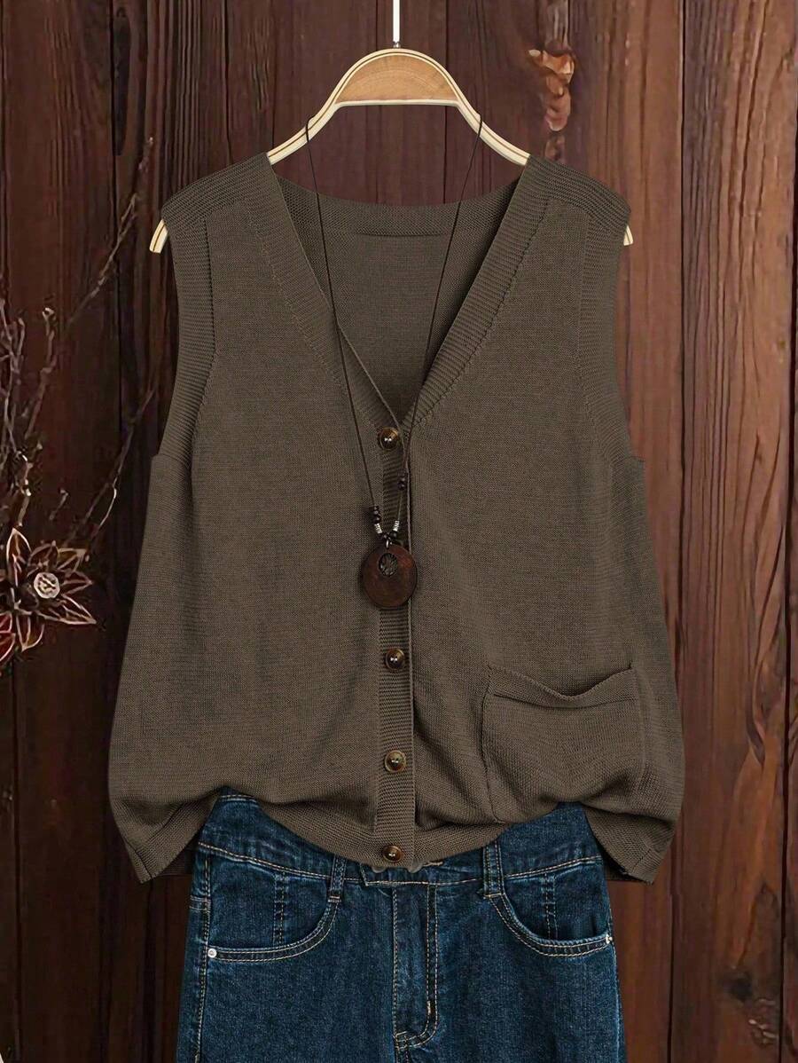 SHEIN LUNE 新款时尚女式百搭简约针织背心 - 咖啡棕 - 查看 1