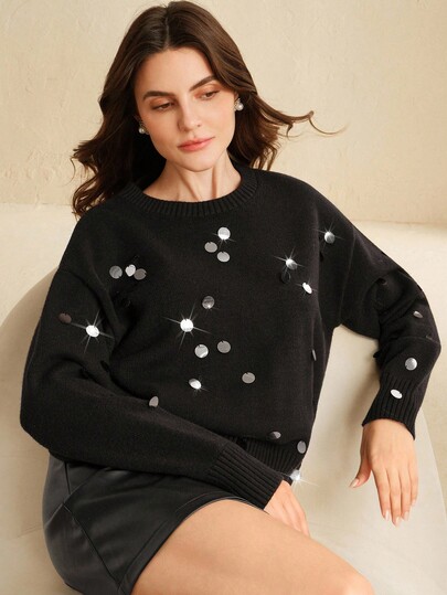Anewsta Women's Autumn/Winter New Shiny Top, Casual Street Style, Sequin Decor, Elegant Round Neck Knit Sweater