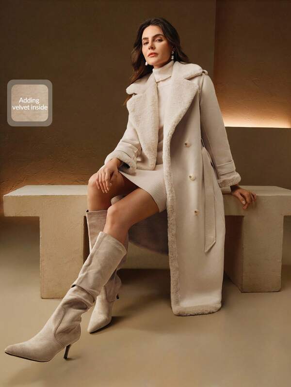 Anewsta Abrigo de mujer de doble botonadura con cinturón de cintura, cuello largo y piel sintética, elegante y con estilo para otoño/invierno