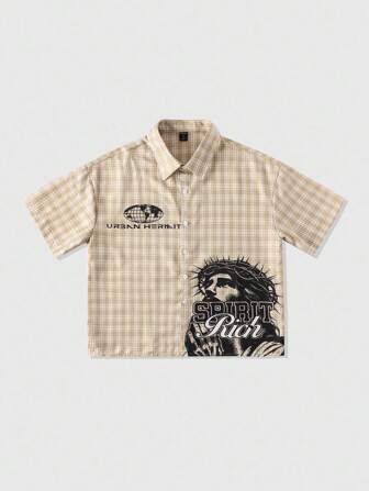 Street Life Men's Boxy Fit Plaid & Figure Print Short Sleeve Shirt