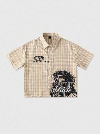 Street Life Men's Boxy Fit Plaid & Figure Print Short Sleeve Shirt