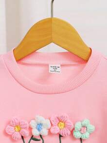 2pcs/Set Young Girl Embroidered Floral Sweatshirt & Flared Pants, Pink Knit Pullover Long Sleeve Top, Autumn, Family Matching Back To School Outfit - Pink - View 3