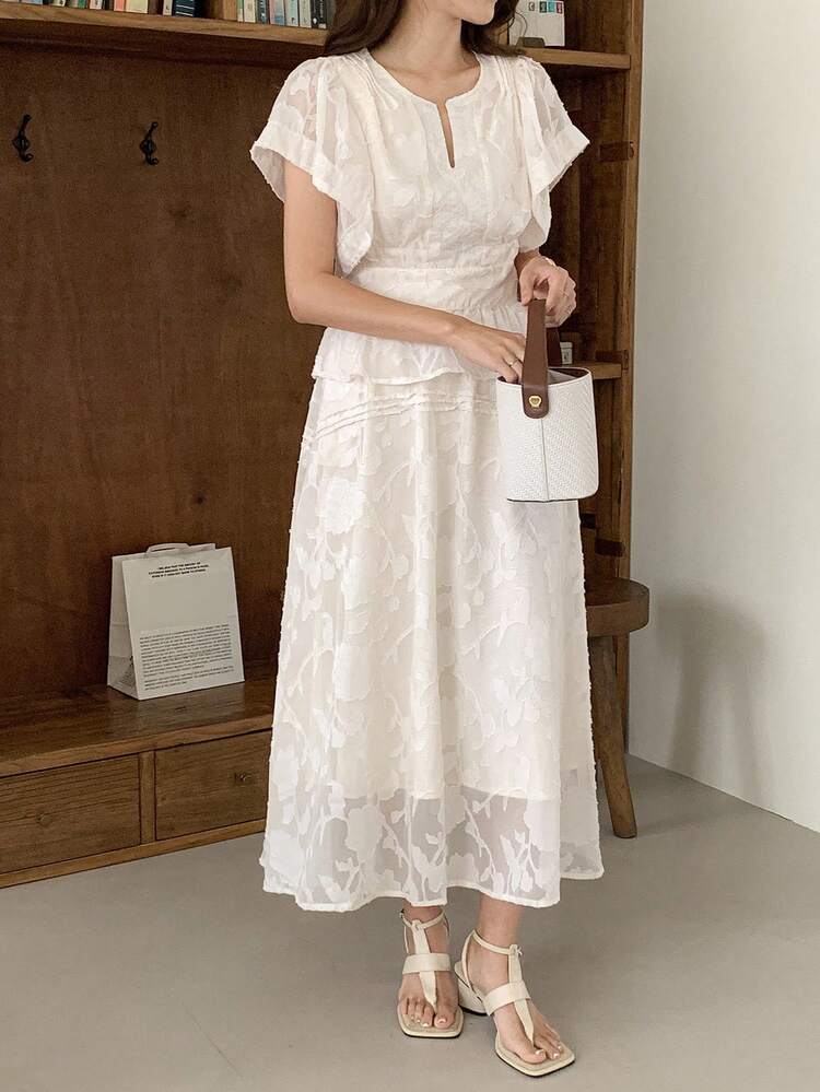 2pcs Women Floral Print V-Neck Ruffle Blouse And Skirt Set