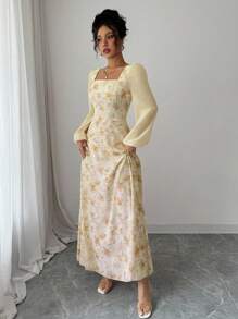 Modelyn Women's Printed Square Neck Long Sleeve Elegant Summer Dress Fall Cloth For Women