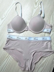 SHEIN 2pcs Women's Minimalist Printed Bra Set With Underwire Lingerie Set Curve Lingerie Set Bra And Panty Set - Apricot - View 6