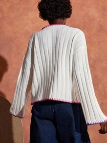 EURMUSE Women Colorful Stitch Pocket And Rib Knit Detailed Sweater,Jumper,Cream Jumper,Jumpers,Black Jumper,Womens Jumper,White Jumper,Women's Jumper,Women's Jumpers,Winter Clothes - White - View 2