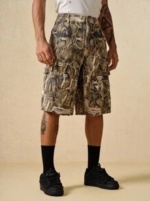 ROMWE MEN Street Life Men's Animal Print Cargo Denim Shorts - Brown - View 5
