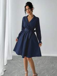 SHEIN Tall 女士优雅纯色通勤衬衫裙 - 藍色 - 查看 4