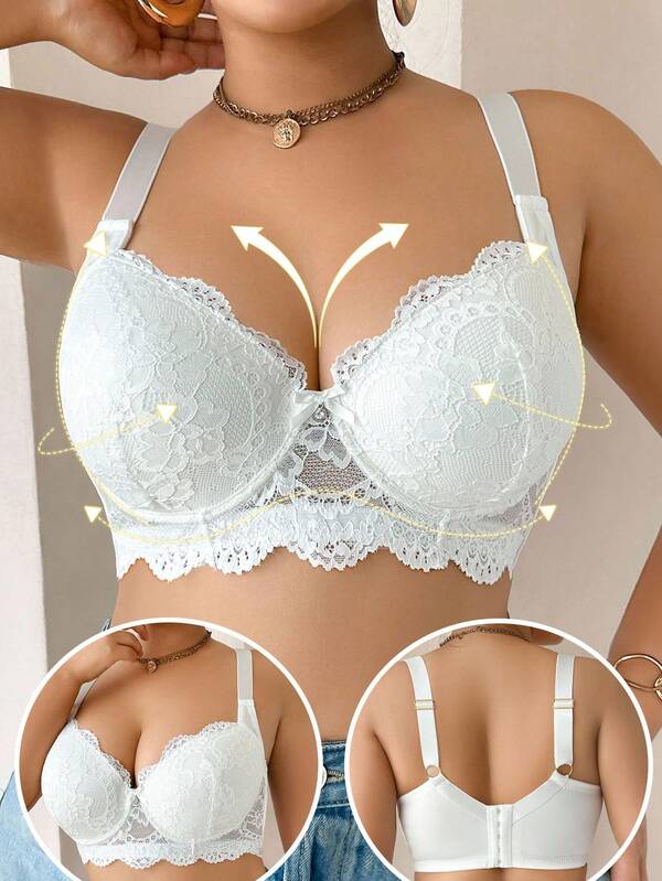 SHEIN Eleganter Spitzen-Unterbügel-BH in Große Größen, Spitzen Push-up-BH für Frauen, Hebt an