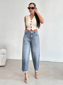 EURMUSE Casual Fashion Versatile Button Minimalist Cuffed Hem Women Jeans - Light Wash - View 5