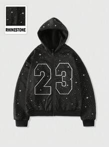 ROMWE MEN Street Life Sudadera con diamantes brillantes para hombre, estilo holgado y corto - Negro - Ver 1