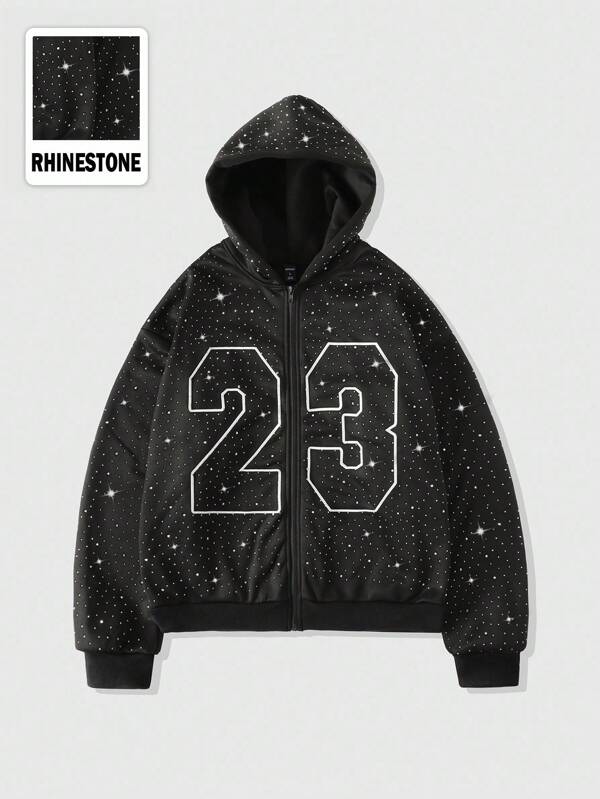 ROMWE MEN Street Life Sudadera con diamantes brillantes para hombre, estilo holgado y corto