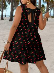 Veykashi 大码女式樱桃印花系腰无袖休闲 A 字裙，适合假日、海滩度假、迷你裙 - 彩色 - 查看 7