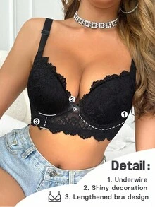 SHEIN 1pc Women's Lace Butterfly Rhinestone Decor Underwire Bra,Push Up Bralette Lingerie Set For Summer Stronger Support & More Gathering - Black - View 3