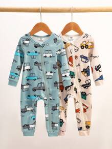 2 件套男婴卡通汽车印花长袖连体衣和裤子套装，适合春秋季的舒适休闲家居服 - 彩色 - 查看 4