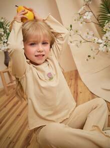 Loomiva Set de 2 piezas: Blusa de manga larga con cuello redondo y volantes con estampado de tulipanes de punto suave y pantalón de cintura elástica para niñas, en beige/albaricoque - Caqui - Ver 5