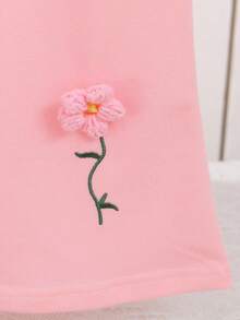 2pcs/Set Young Girl Embroidered Floral Sweatshirt & Flared Pants, Pink Knit Pullover Long Sleeve Top, Autumn, Family Matching Back To School Outfit - Pink - View 6