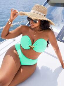 Slaydiva Plus Size Women 2pcs/Set Solid Color Casual Camisole Split Tankini Swimwear For Summer Beach Vacation - Mint Green - View 4