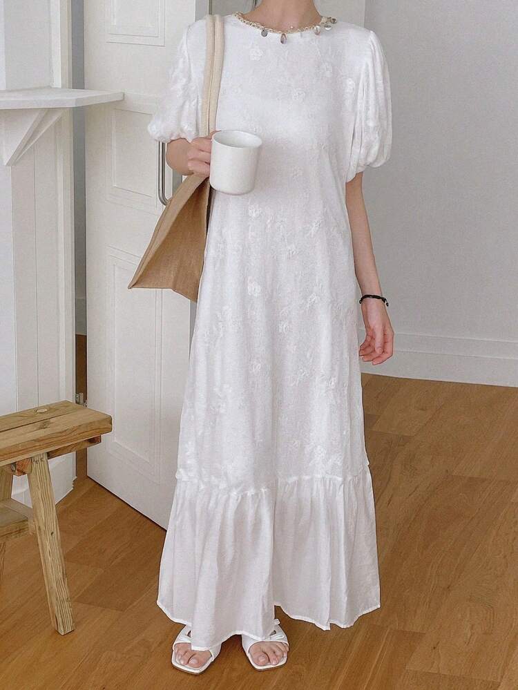 Women's Crew Neck Splicing Textured Puff Sleeve Mid-Calf Dress Summer Women Dresses Maxi Dress