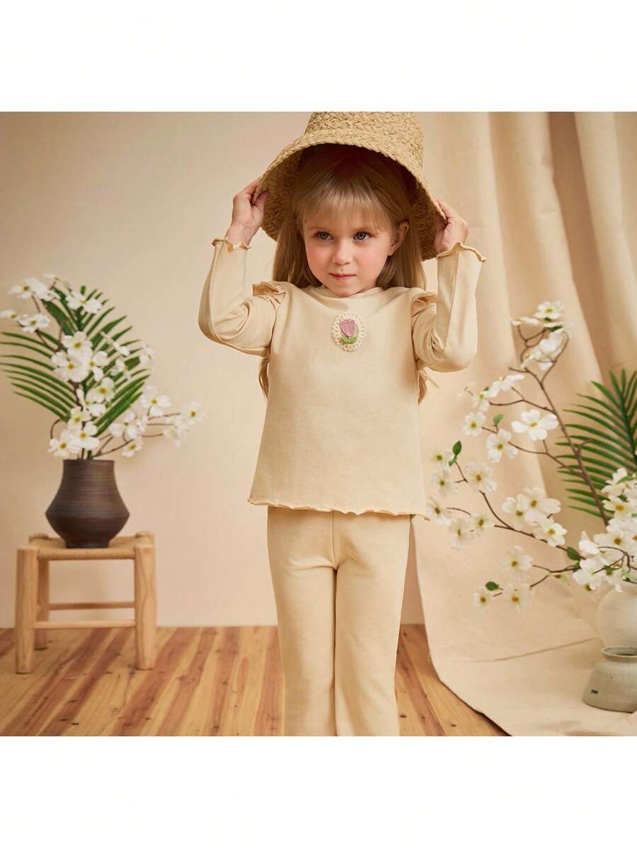Loomiva Set de 2 piezas: Blusa de manga larga con cuello redondo y volantes con estampado de tulipanes de punto suave y pantalón de cintura elástica para niñas, en beige/albaricoque - Caqui - Ver 1