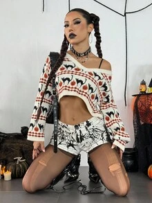 Flirla 万圣节休闲V领短款毛衣 - 彩色 - 查看 5