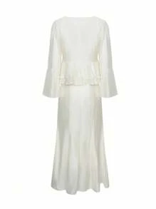 DAZY Completo da 2 pezzi composto da blusa in chiffon semplice e casual con laccetti e volant, e gonna a sirena aderente, adatto per matrimoni, lauree, feste, abbigliamento autunnale da donna - Beige - Visualizzare 8