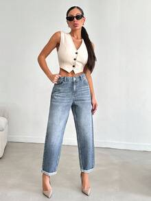 EURMUSE Casual Fashion Versatile Button Minimalist Cuffed Hem Women Jeans - Light Wash - View 3