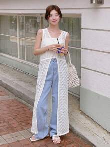 DAZY Áo khoác mùa hè dệt kim cổ chữ V xẻ tà dành cho nữ, thích hợp cho kỳ nghỉ. - Màu be - Xem 5