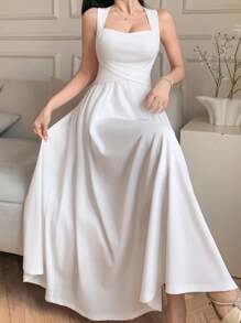 DAZY 优雅无袖系腰中长连衣裙，纯色婚纱礼服，夏季女装 - 白色 - 查看 6