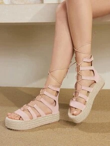 Styleloop 女士坡跟厚底编织凉鞋，波西米亚风格度假装，厚底鞋 - 粉色 - 查看 7