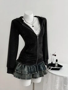 Elamini Women's Casual Acid-Washed Slim Fit Hooded Long Sleeve Sweatshirt Sweatshirt, Autumn Fall Cloth For Women