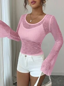 INAWLY Women's Solid Color Sheer Long Sleeve Casual Holiday Sweater Knit Pullover Fall Winter Sweater - Baby Pink - View 4