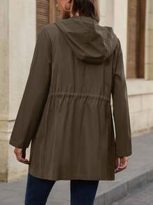 EMERY ROSE Casual Solid Color Drawstring Waist Hooded Jacket, Spring/Autumn Fall Winter Cloth For Women - Mocha Brown - View 2